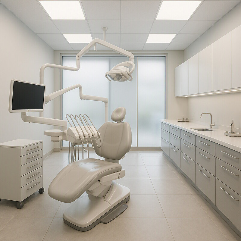 Sala equipada com cadeira odontológica e monitor de imagem